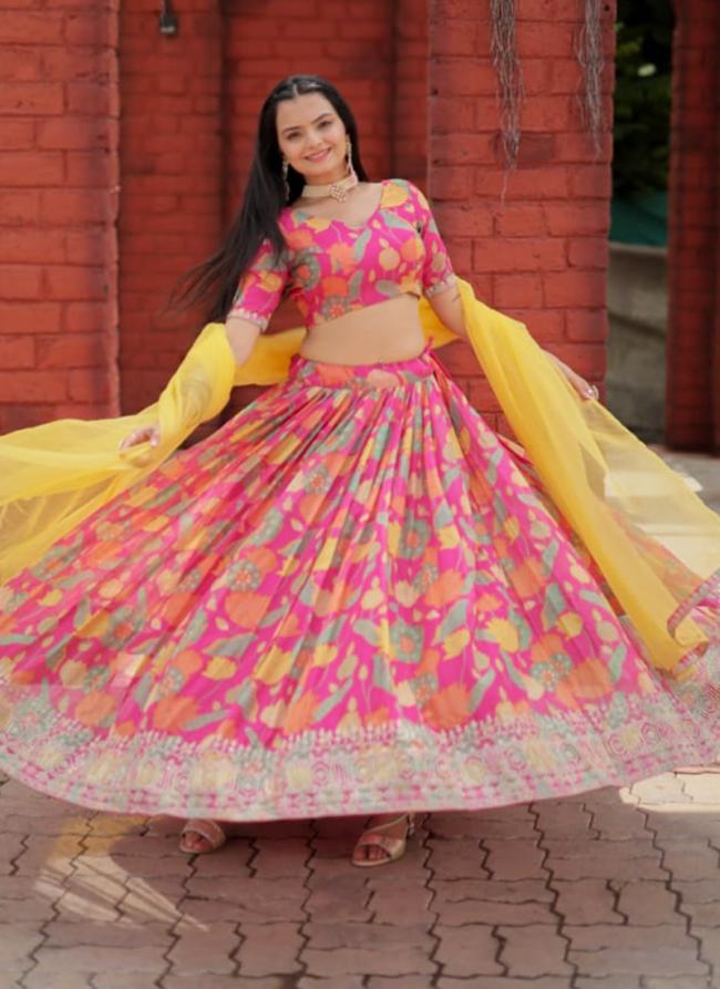 Viscose Tebbi Organza  Pink Festival Wear Embroidery Work Lehenga Choli